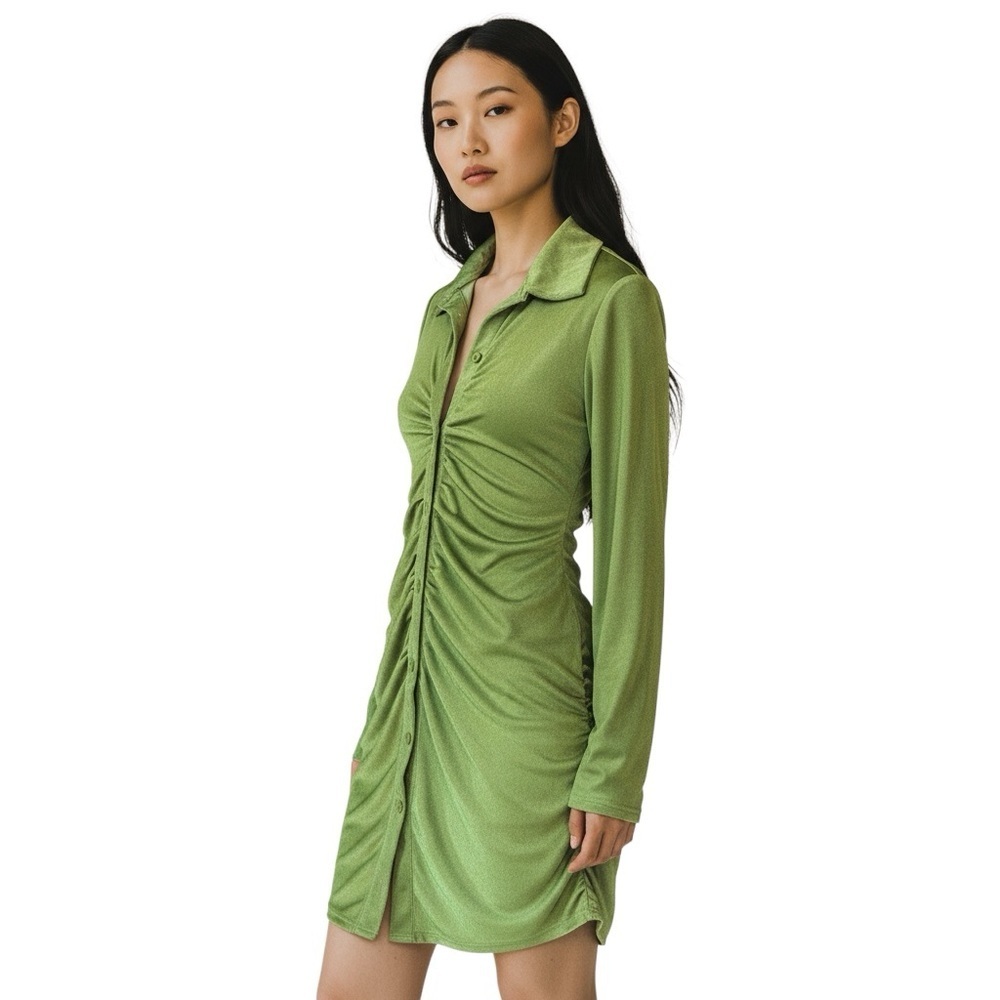 Green Ruched Button-Up Dress - Picture 2 of 6